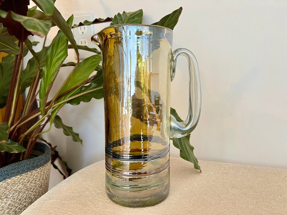 Mexican Hand Blown Iridescent Yellow Pitcher Bubble Glass Blue Green Orange